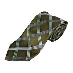 BCBG Attitude 100% Silk handmade tie olive green teal grey plaid‎ 3.25"W X 60"L